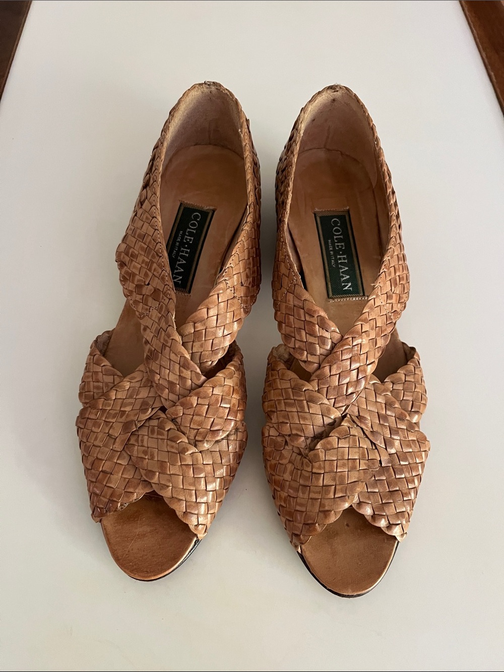 Vintage Unworn Cole Haan Tan Woven Leather Open-Toe flats size 7 1/2 AA